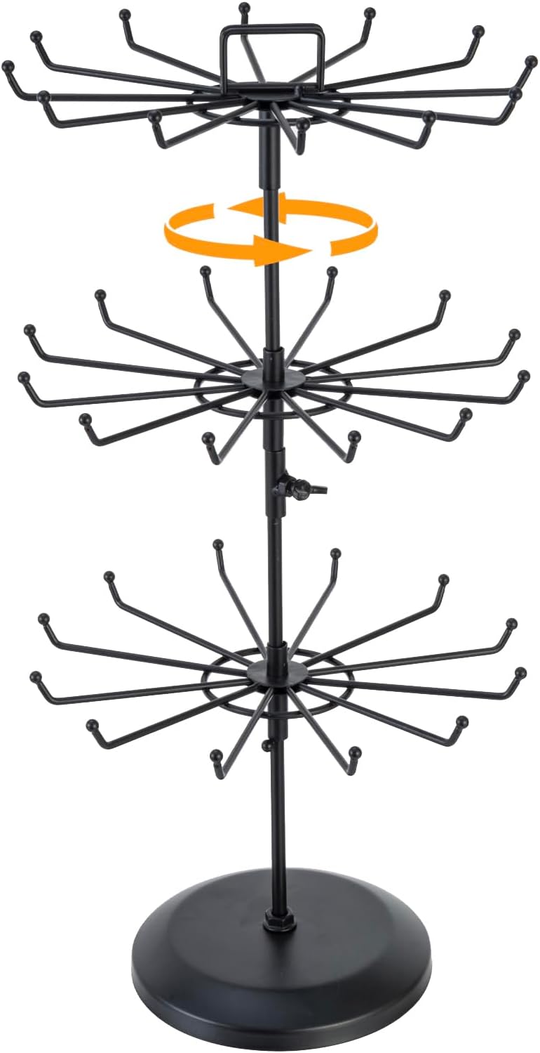 MyGift 2 Tier Black Metal Rotating Necklace tree stand for vendor & bracelet holder Jewelry Stand with 24 Hooks, Multipurpose Accessory and Keychain Spinning Display with Top Handle Card organizer