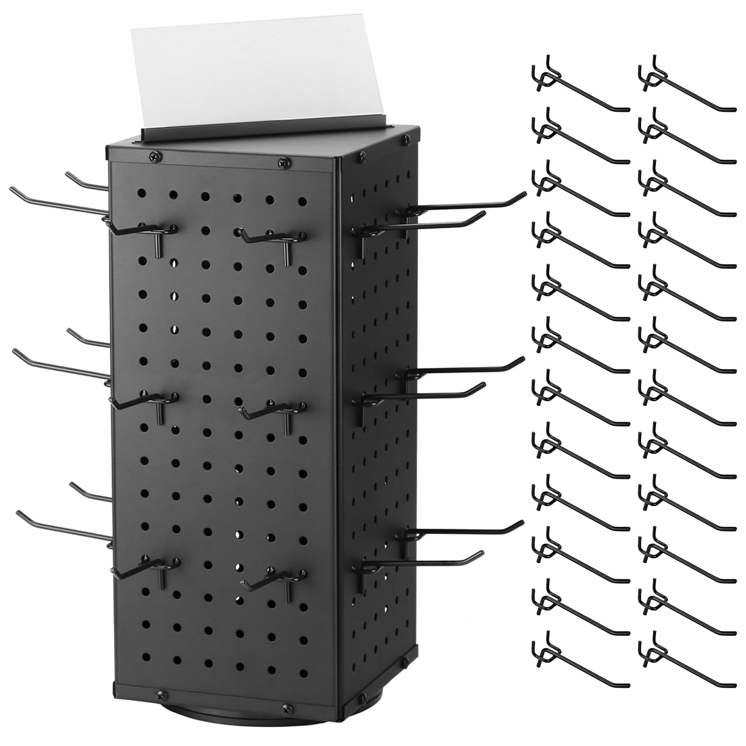 QWORK Rotating Pegboard Display Stand with 24 Hooks - 4-Sided Metal Spinning Peg Board Display