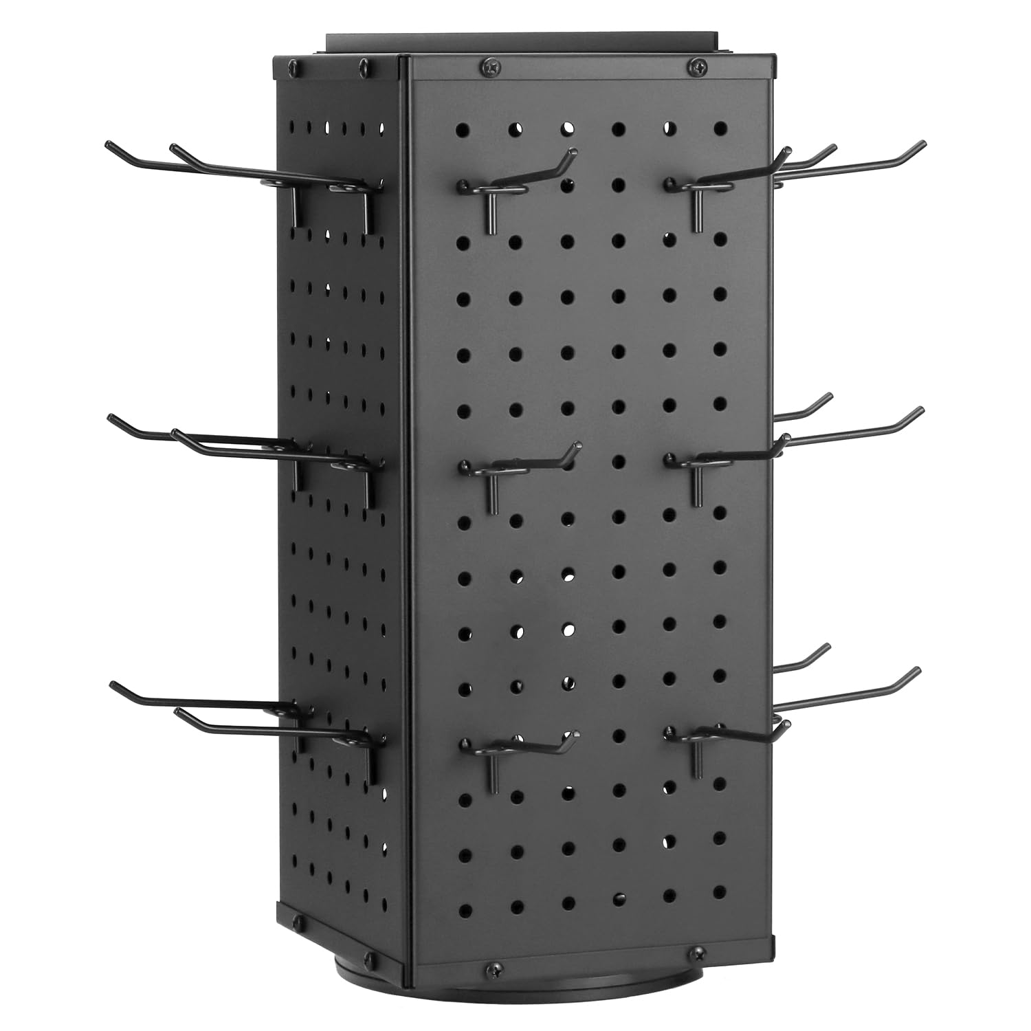 QWORK Rotating Pegboard Display Stand with 24 Hooks - 4-Sided Metal Spinning Peg Board Display