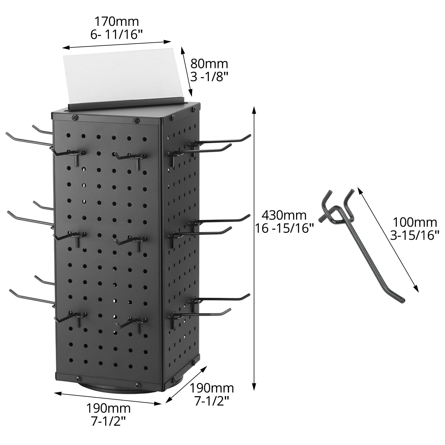 QWORK Rotating Pegboard Display Stand with 24 Hooks - 4-Sided Metal Spinning Peg Board Display