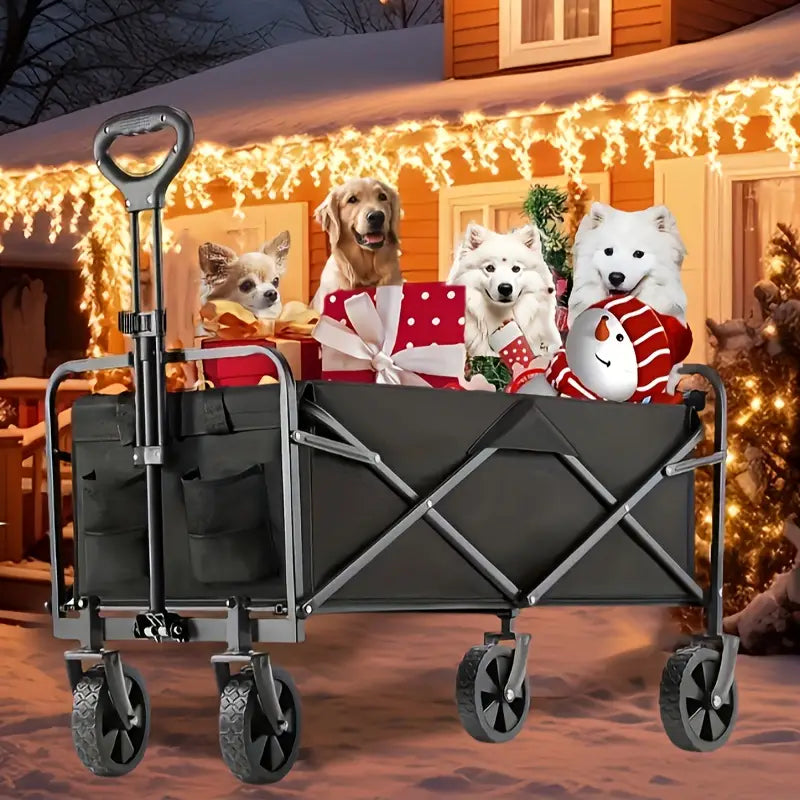 Collapsible Folding Wagon Cart, Large Capacity Camping Wagon, All Terrain Foldable Pet stroller, Heavy Duty Utility Wagon Cart for Grocery Outdoor Beach Gardening Shopping Pet outings Fishing Black, Perfect Christmas Gift