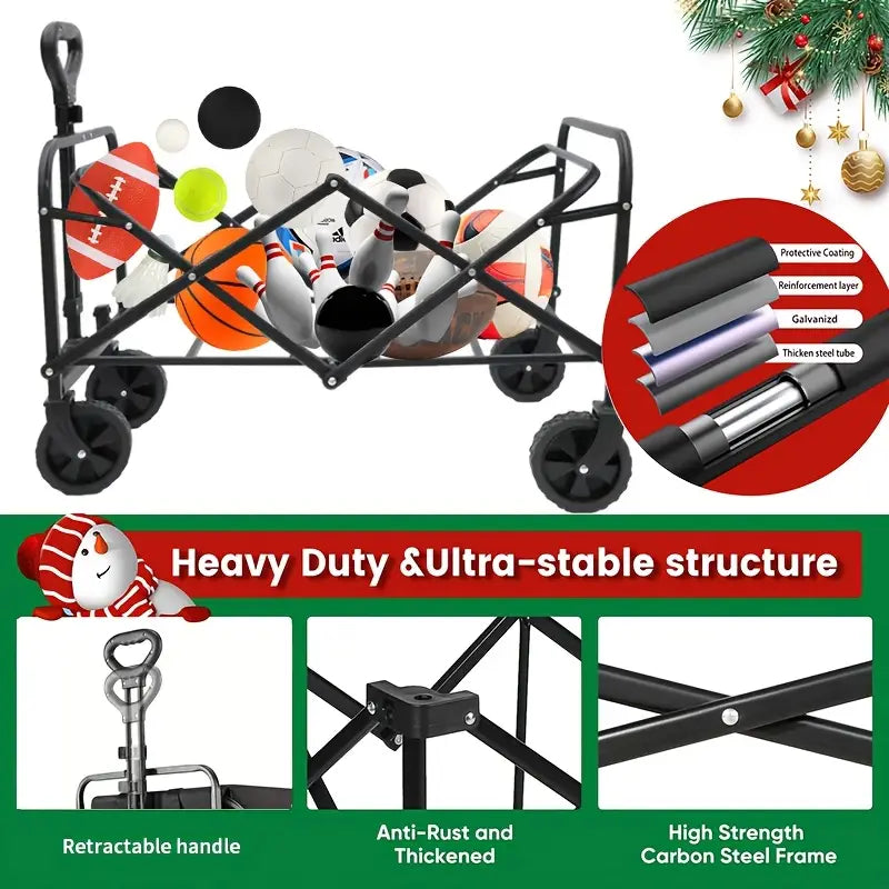 Collapsible Folding Wagon Cart, Large Capacity Camping Wagon, All Terrain Foldable Pet stroller, Heavy Duty Utility Wagon Cart for Grocery Outdoor Beach Gardening Shopping Pet outings Fishing Black, Perfect Christmas Gift