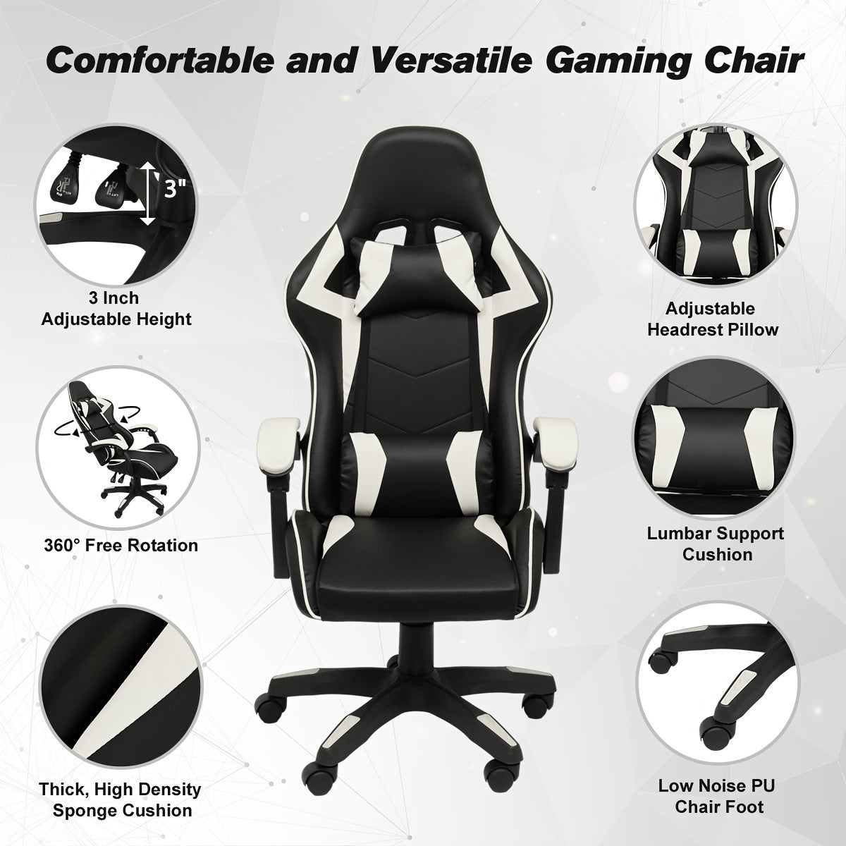 Ergonomic High-Back Gaming Chair with Headrest & Lumbar Support - Adjustable, Reclining Faux Leather Office Desk Chair on Wheels, Sleek Black & White Design, Comfortable Foam Padding for Gamers & Office Use, Game Chair, Multicolor, Swivel, Racing Chair, V