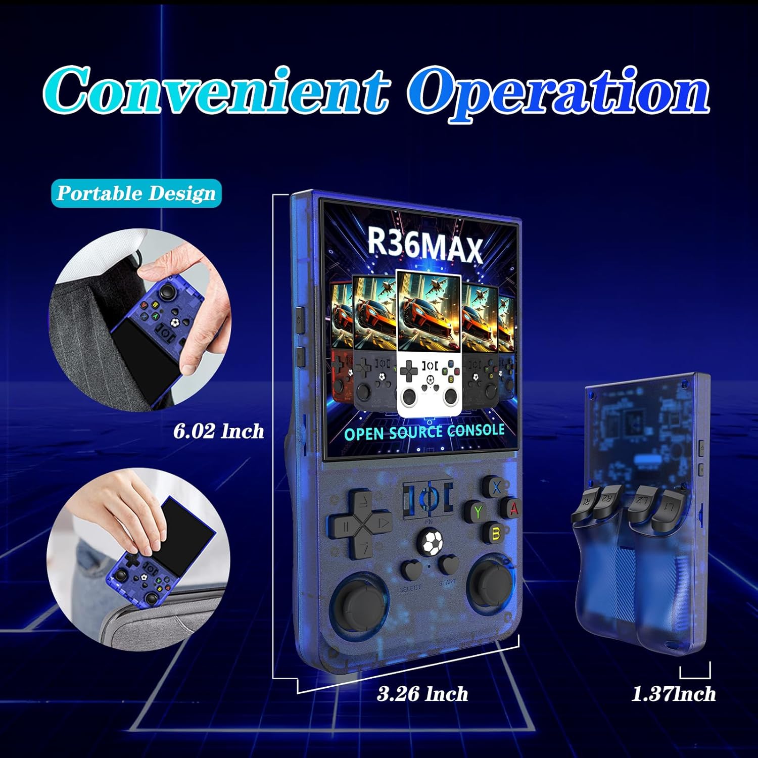 R36MAX 4000mAh Portable Rechargeable Handheld Retro Game Console,Comfort Non-Slip Handheld Standing Retro Game Console with 64G TF Car,4.0-inch Screen,for Office,Blue