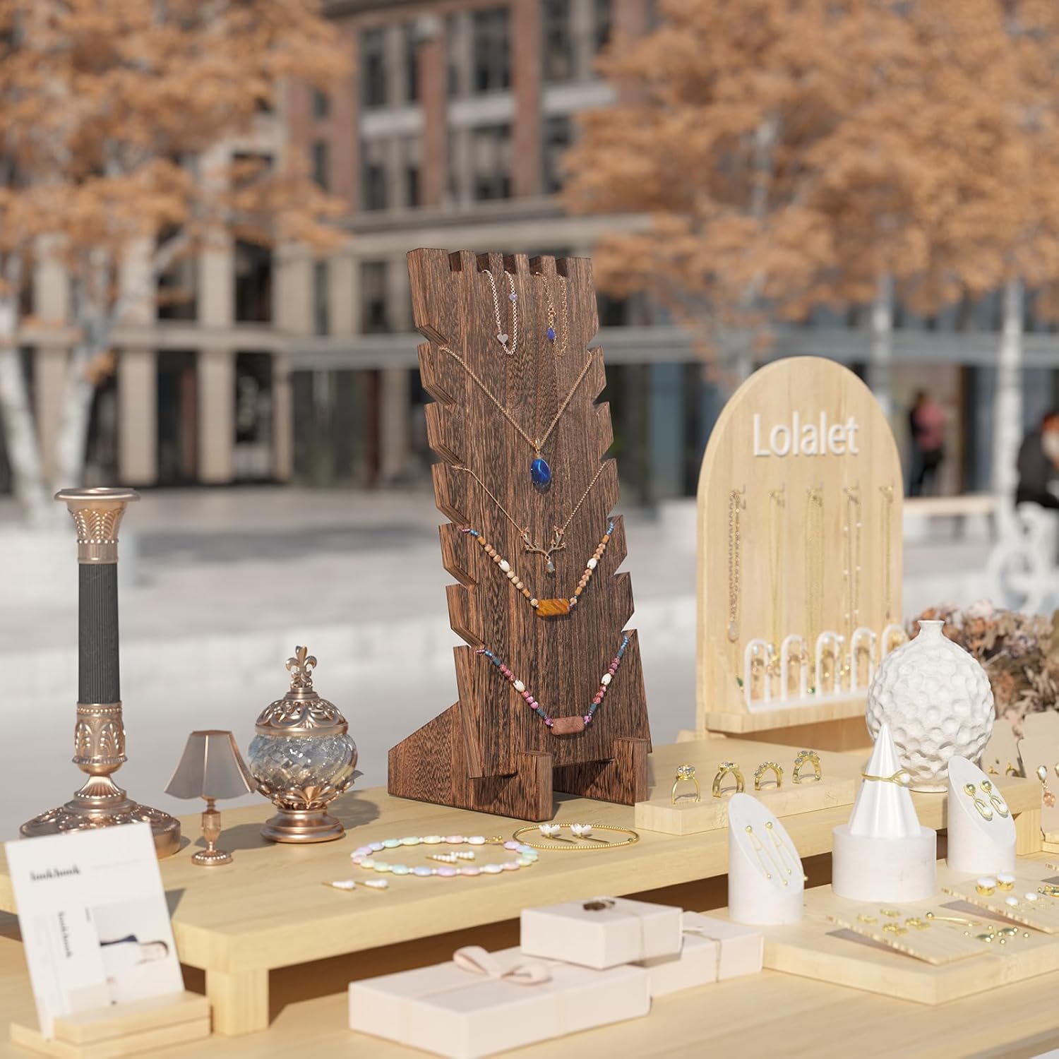 Lolalet Wooden Jewelry Display Series, Necklace Bracelets Earrings Rings Jewelries Stand Freestanding Natural Wood Holder Jewelry Rack for Selling Vendor Store -1 Pack, Necklace