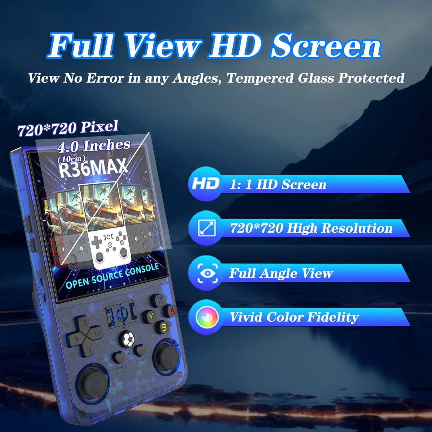 R36MAX 4000mAh Portable Rechargeable Handheld Retro Game Console,Comfort Non-Slip Handheld Standing Retro Game Console with 64G TF Car,4.0-inch Screen,for Office,Blue