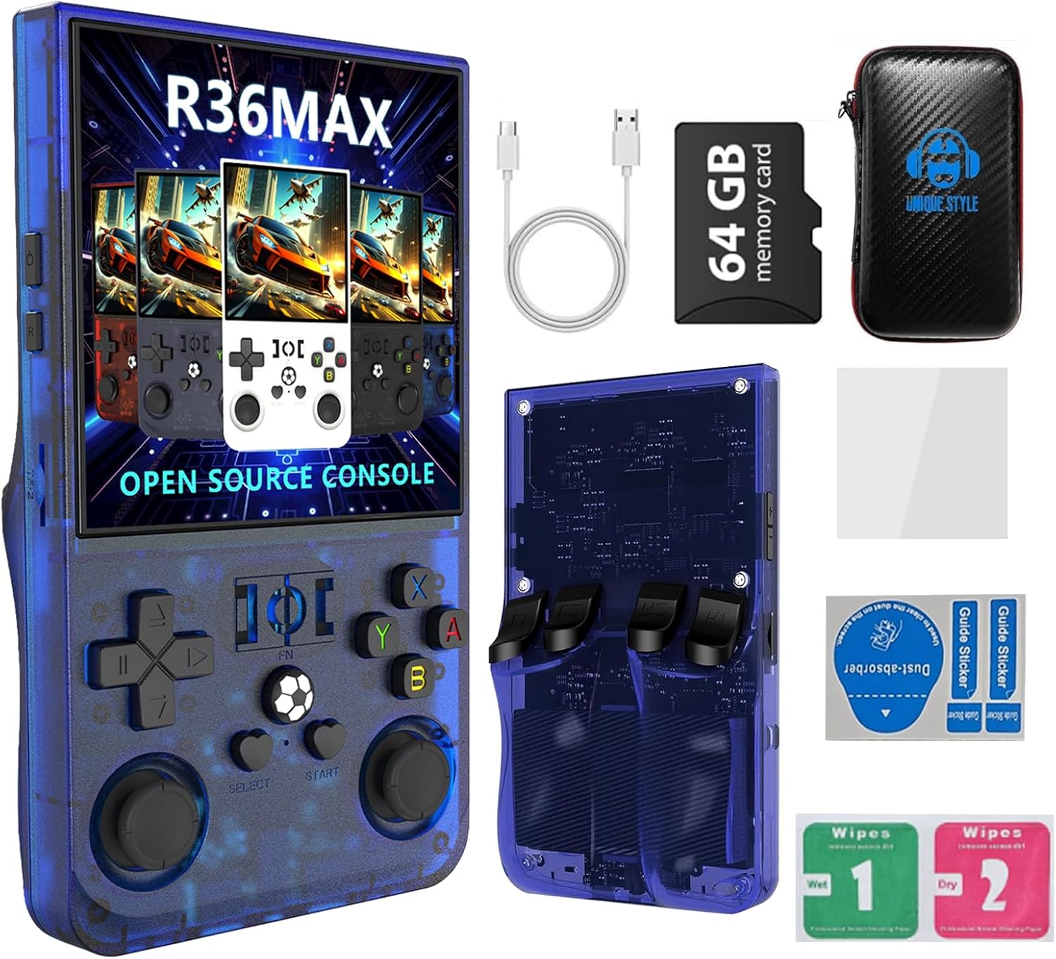 R36MAX 4000mAh Portable Rechargeable Handheld Retro Game Console,Comfort Non-Slip Handheld Standing Retro Game Console with 64G TF Car,4.0-inch Screen,for Office,Blue