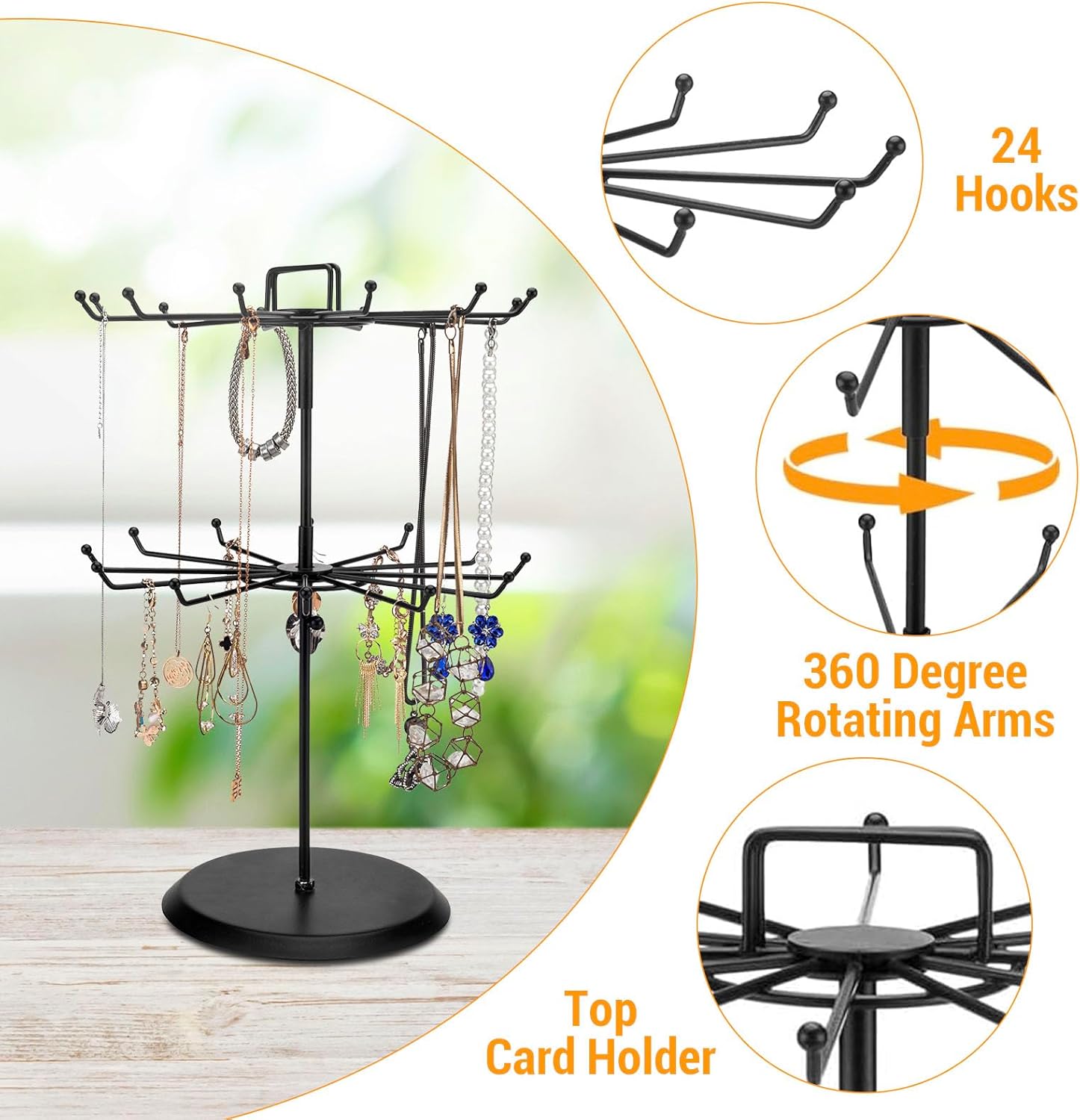 MyGift 2 Tier Black Metal Rotating Necklace tree stand for vendor & bracelet holder Jewelry Stand with 24 Hooks, Multipurpose Accessory and Keychain Spinning Display with Top Handle Card organizer