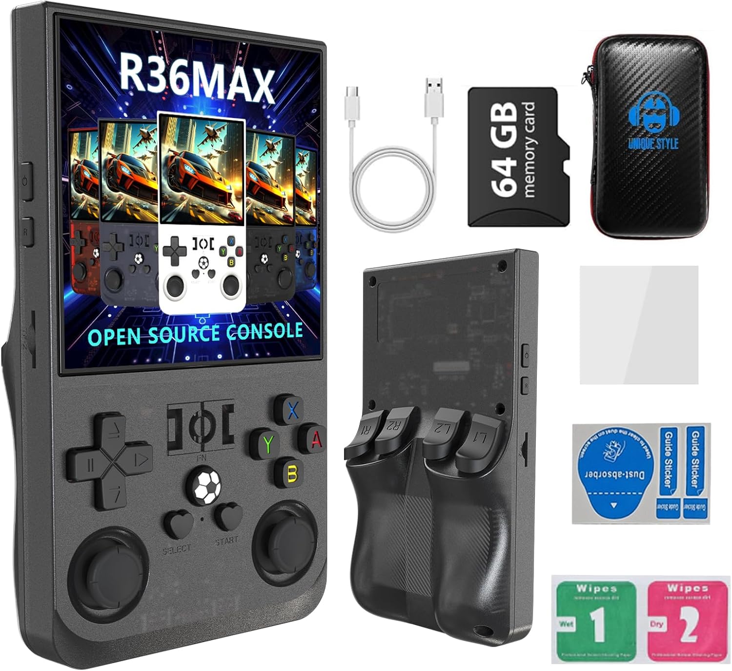 R36MAX 4000mAh Portable Rechargeable Handheld Retro Game Console,Comfort Non-Slip Handheld Standing Retro Game Console with 64G TF Car,4.0-inch Screen,for Office,Blue