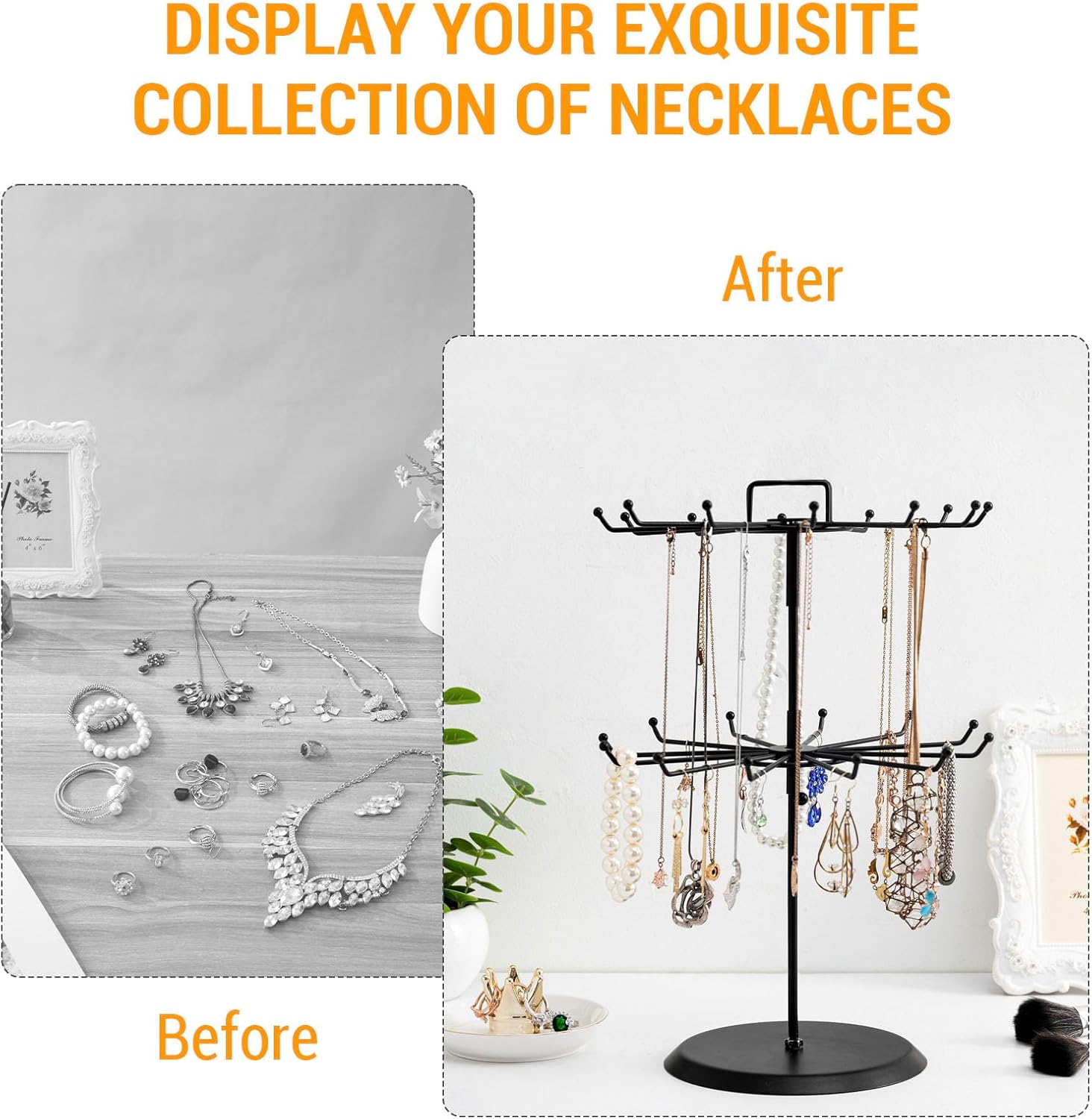 MyGift 2 Tier Black Metal Rotating Necklace tree stand for vendor & bracelet holder Jewelry Stand with 24 Hooks, Multipurpose Accessory and Keychain Spinning Display with Top Handle Card organizer