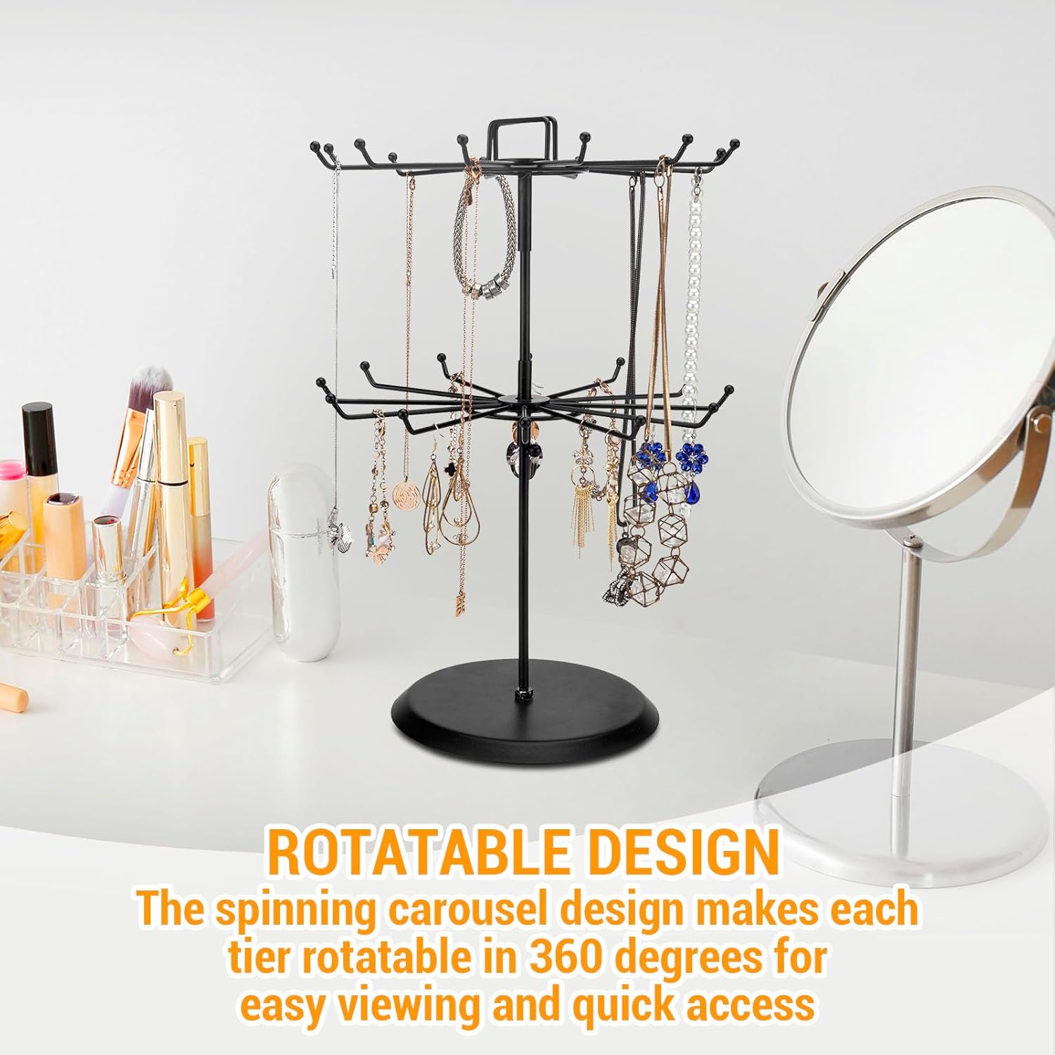 MyGift 2 Tier Black Metal Rotating Necklace tree stand for vendor & bracelet holder Jewelry Stand with 24 Hooks, Multipurpose Accessory and Keychain Spinning Display with Top Handle Card organizer