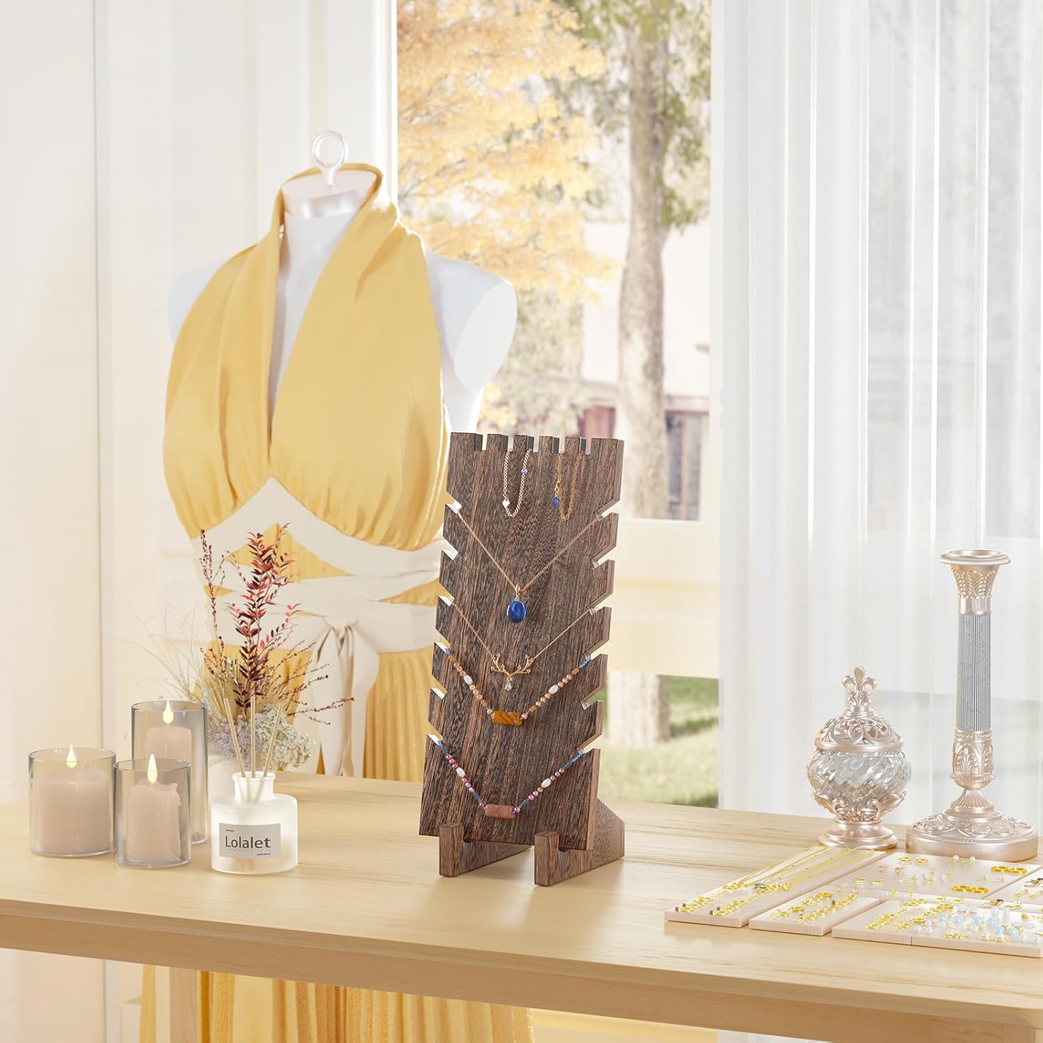 Lolalet Wooden Jewelry Display Series, Necklace Bracelets Earrings Rings Jewelries Stand Freestanding Natural Wood Holder Jewelry Rack for Selling Vendor Store -1 Pack, Necklace