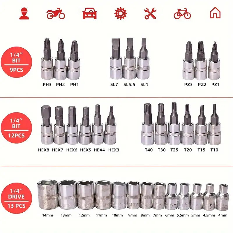 [Fast Arrival] 46pcs/53pcs Professional Automotive Master Tool Kit - Premium Tool Sets For Car, Bike, And Motorcycle Maintenance - Compact, Portable, And All-In-One Solution With Ratchet Wrench, Assorted Screwdriver Set, Without Battery