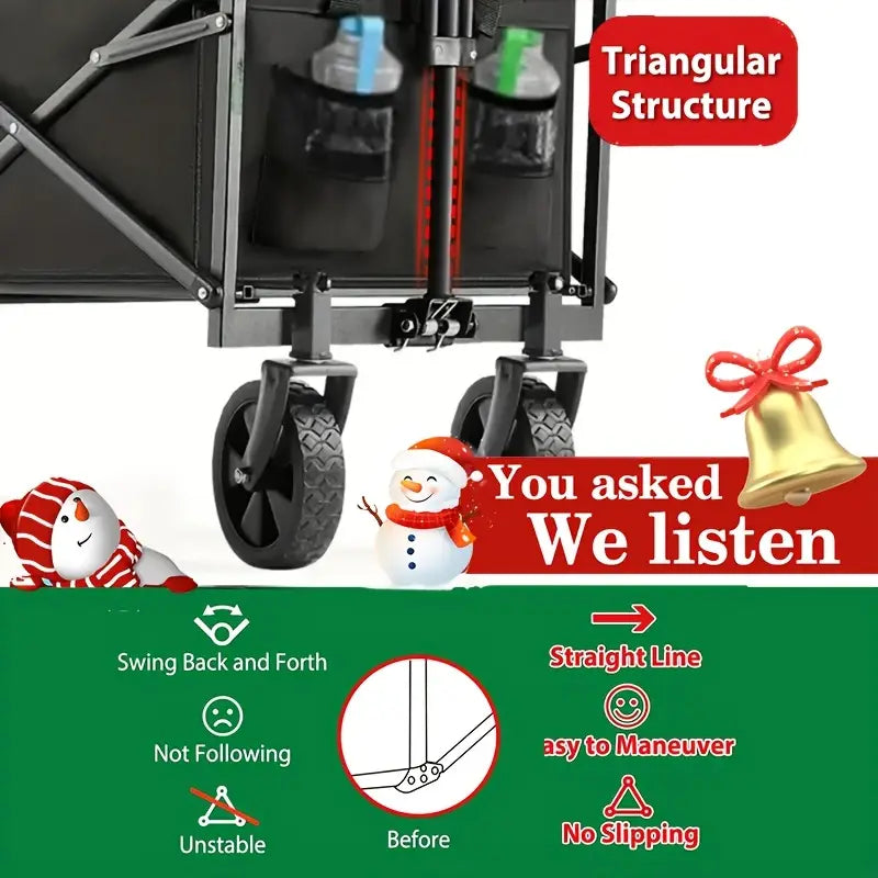 Collapsible Folding Wagon Cart, Large Capacity Camping Wagon, All Terrain Foldable Pet stroller, Heavy Duty Utility Wagon Cart for Grocery Outdoor Beach Gardening Shopping Pet outings Fishing Black, Perfect Christmas Gift