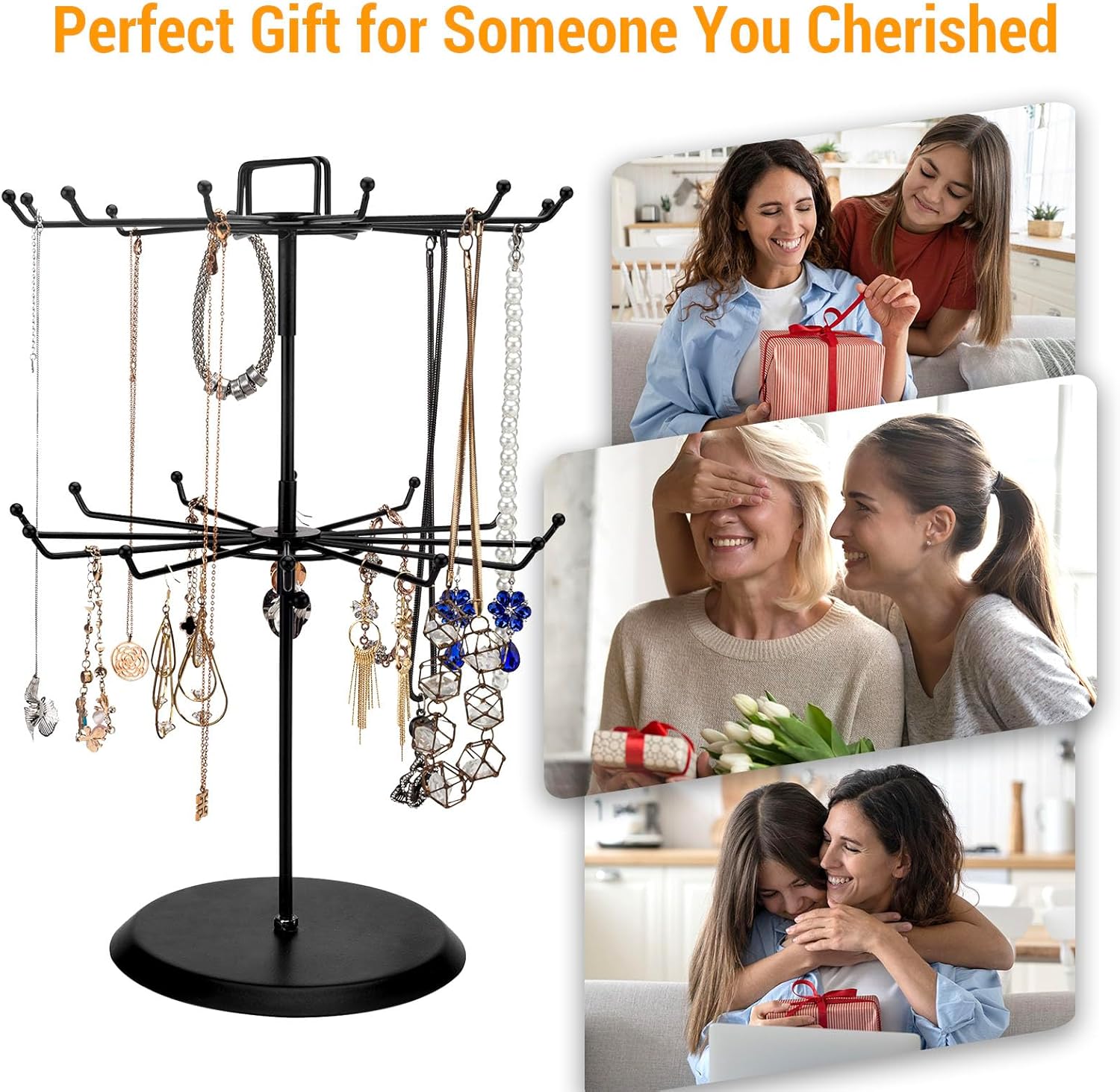 MyGift 2 Tier Black Metal Rotating Necklace tree stand for vendor & bracelet holder Jewelry Stand with 24 Hooks, Multipurpose Accessory and Keychain Spinning Display with Top Handle Card organizer