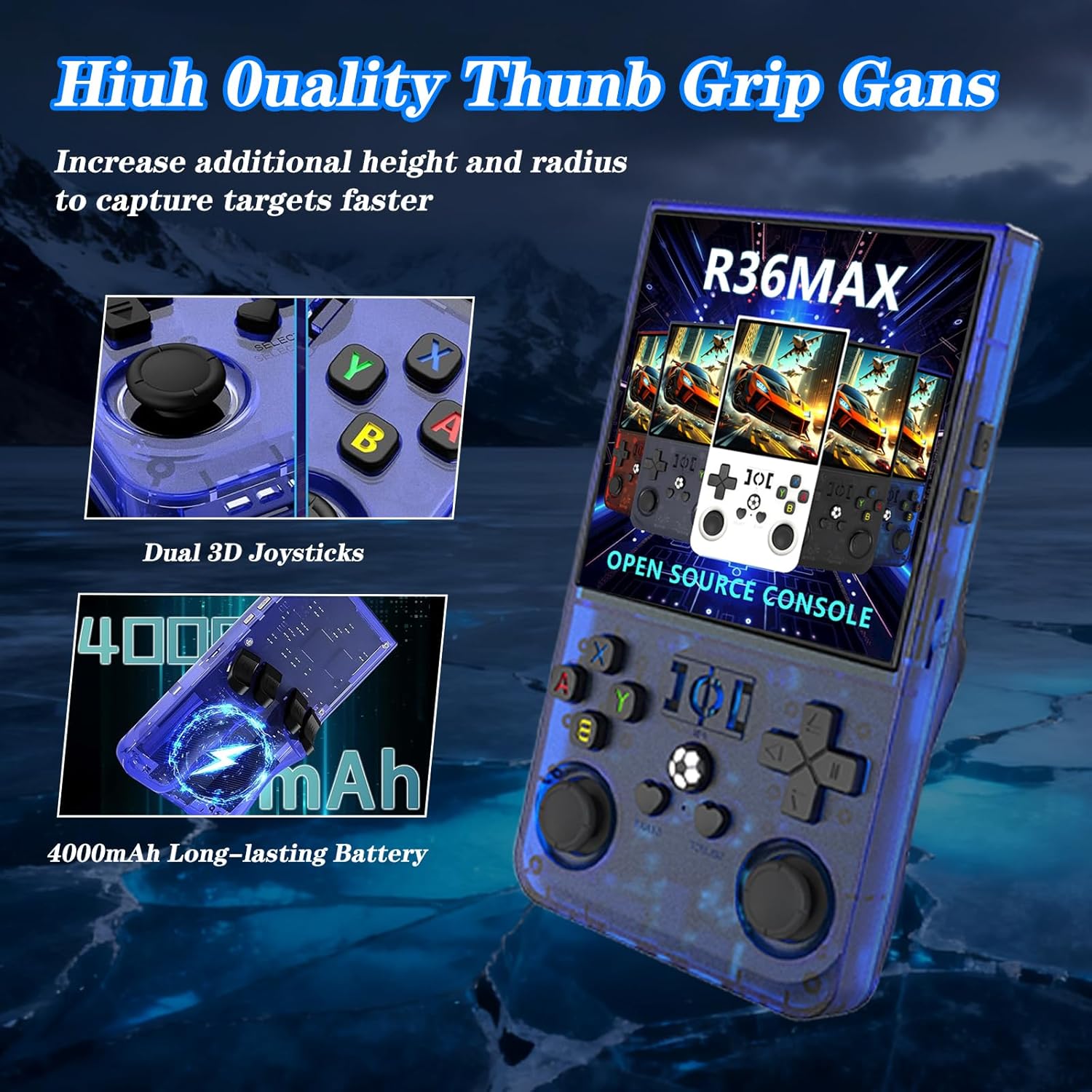 R36MAX 4000mAh Portable Rechargeable Handheld Retro Game Console,Comfort Non-Slip Handheld Standing Retro Game Console with 64G TF Car,4.0-inch Screen,for Office,Blue