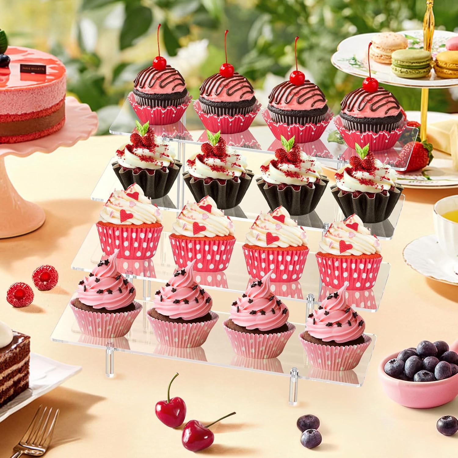 Acrylic Display Riser Stand Shelf Clear 4 Tier Cupcake Stand Perfume Display Holder Figures Desktop Decoration and Organizer Showcase Toys Retail Display Rack Candy Dessert Buffet 4 Steps Collection (2 PACKS)