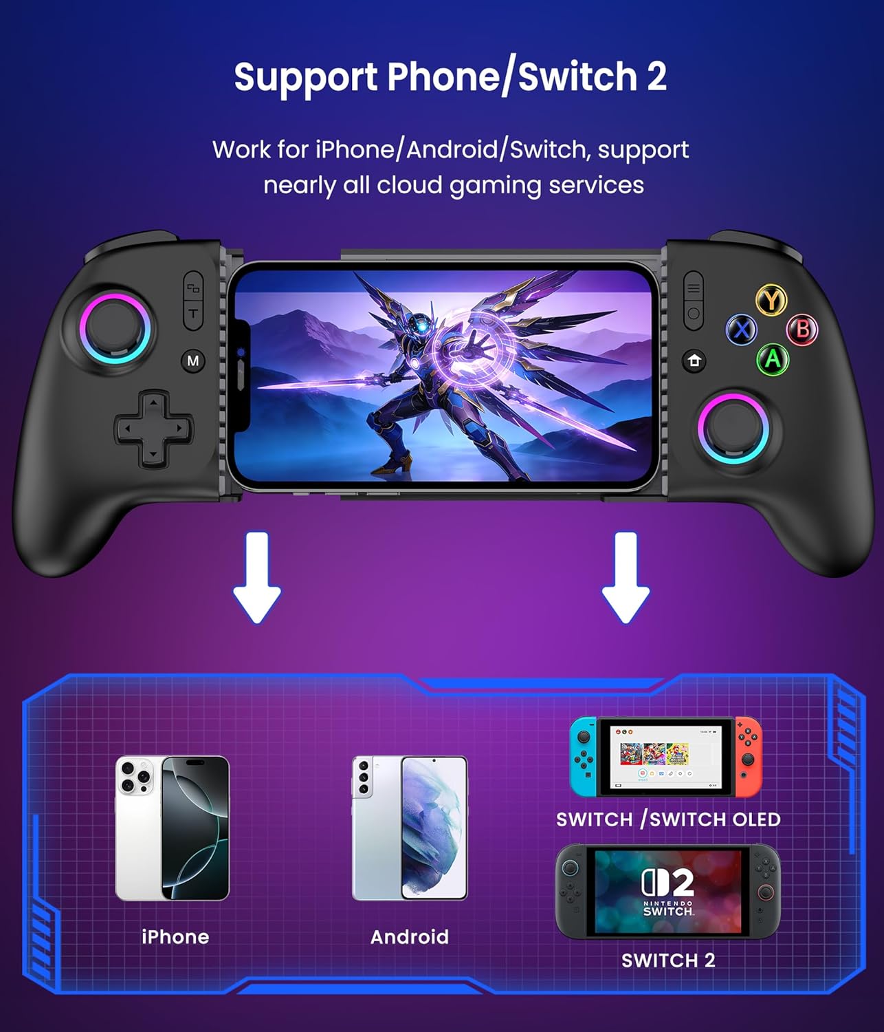 【Anti-Drift & Fast-Connect】Wireless Gaming Controller for iPhone/Android, Hall Joystick&Trigger Bluetooth Phone Controller, Handheld Game Console Quality - For Cloud Gaming,Genshin Impact,Roblox,Call of Duty