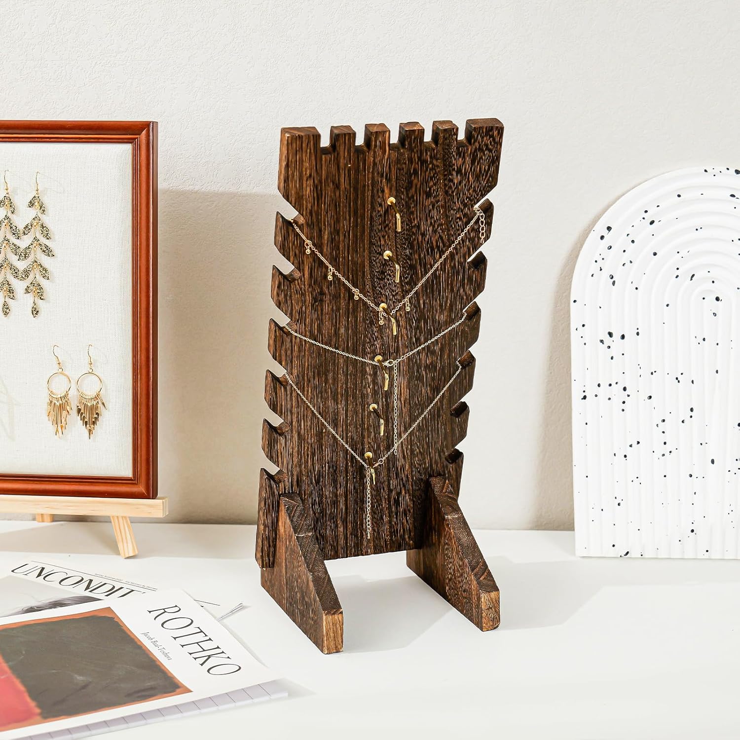 Lolalet Wooden Jewelry Display Series, Necklace Bracelets Earrings Rings Jewelries Stand Freestanding Natural Wood Holder Jewelry Rack for Selling Vendor Store -1 Pack, Necklace