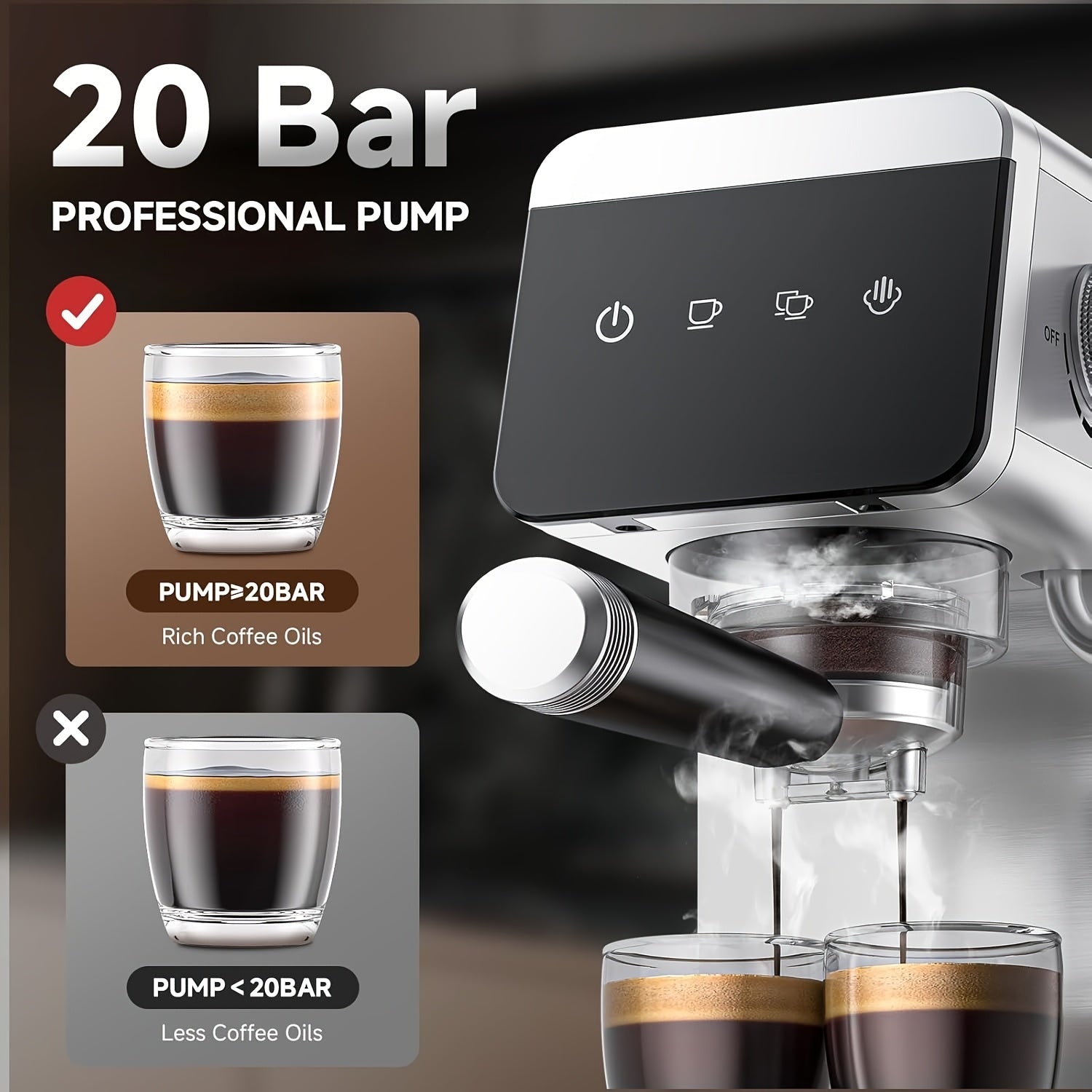 1350W Stainless Steel Coffee Maker with LED Touchscreen, Instant Steam Wand & Removable Water Tank - Compact Espresso Machine for Latte/Cappuccino, Home Barista Starter Kit, 120V Plug Powered, Modern Metal Finish, Home Coffee Machine | Modern Coffee Maker