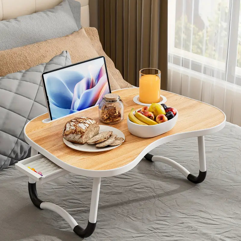 Portable Laptop Bed Table With Cup Holder And Drawer, Multifunctional Tray Holder With Tablet Card Slot-Perfect For Eating, Reading, Writing On The Bed, Sofa, Or Floor - Stable, Durable, And Foldable