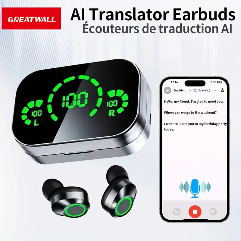 GREATWALL 2025 AI Translator Earbuds New Three-screen Intelligent Digital Display Power Wireless Earphones, High-end Fashionable Mirror Earphones, Sports Game Music Earphones