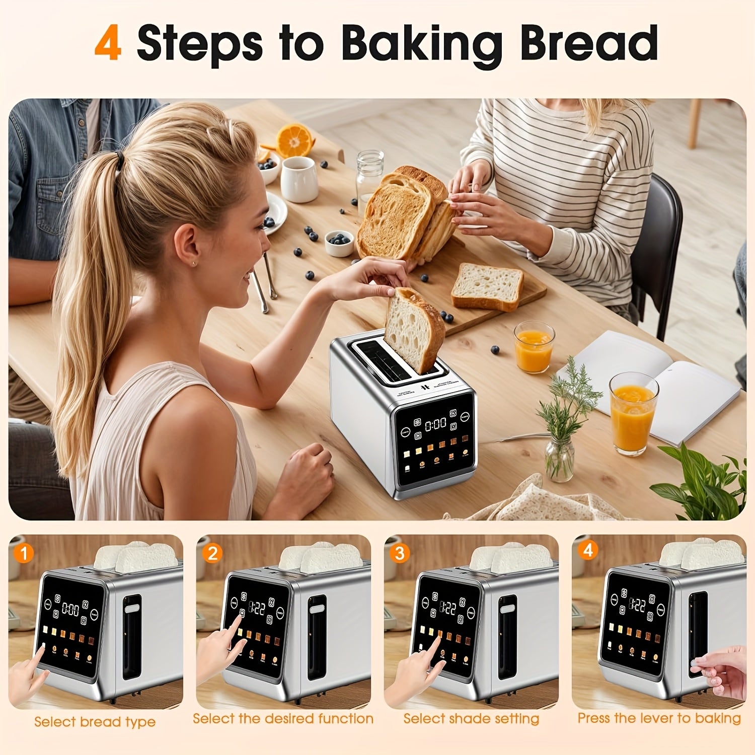 Touch Screen Toaster 2 Slice, Stainless Steel Smart Digital Toasters With Memory Function, 5 Bread Types & 6 Shade Settings, 1.5" Toasters 2 Slice Wide Slot, 900W.