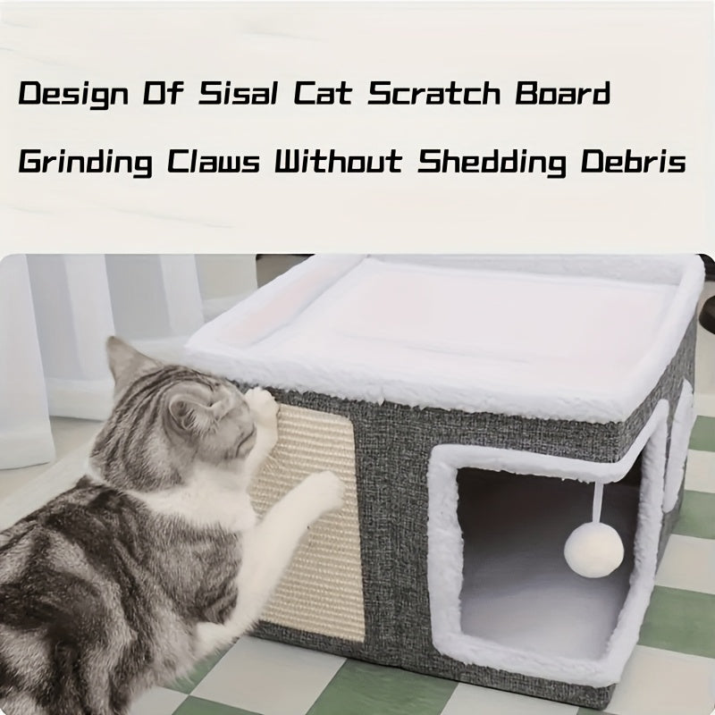 Luxury Multi-Level Cat House - 2-Layer Bed, Toy Tunnel, Foldable Sofa, Climbing Rope, & Soft Cushions - Indoor/Outdoor Cat Play Cube With Velvet Suspender Balls, Durable Nylon Frame, And Weatherproof And Canvas Ma- Perfect Home For Year-Round Comfort