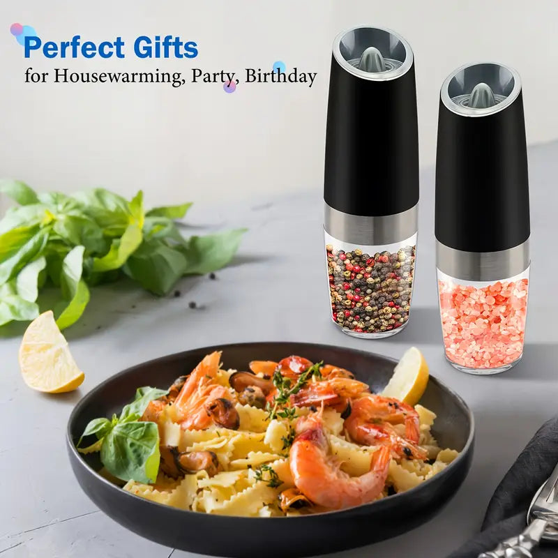 1/2 PCS Gravity Electric Salt and Pepper Grinder Set, Battery Powered LED Light One Hand Automatic Operation, Adjustable Coarseness Mill Grinders Shakers Black, Kitchen Gadgets Gift Ideas