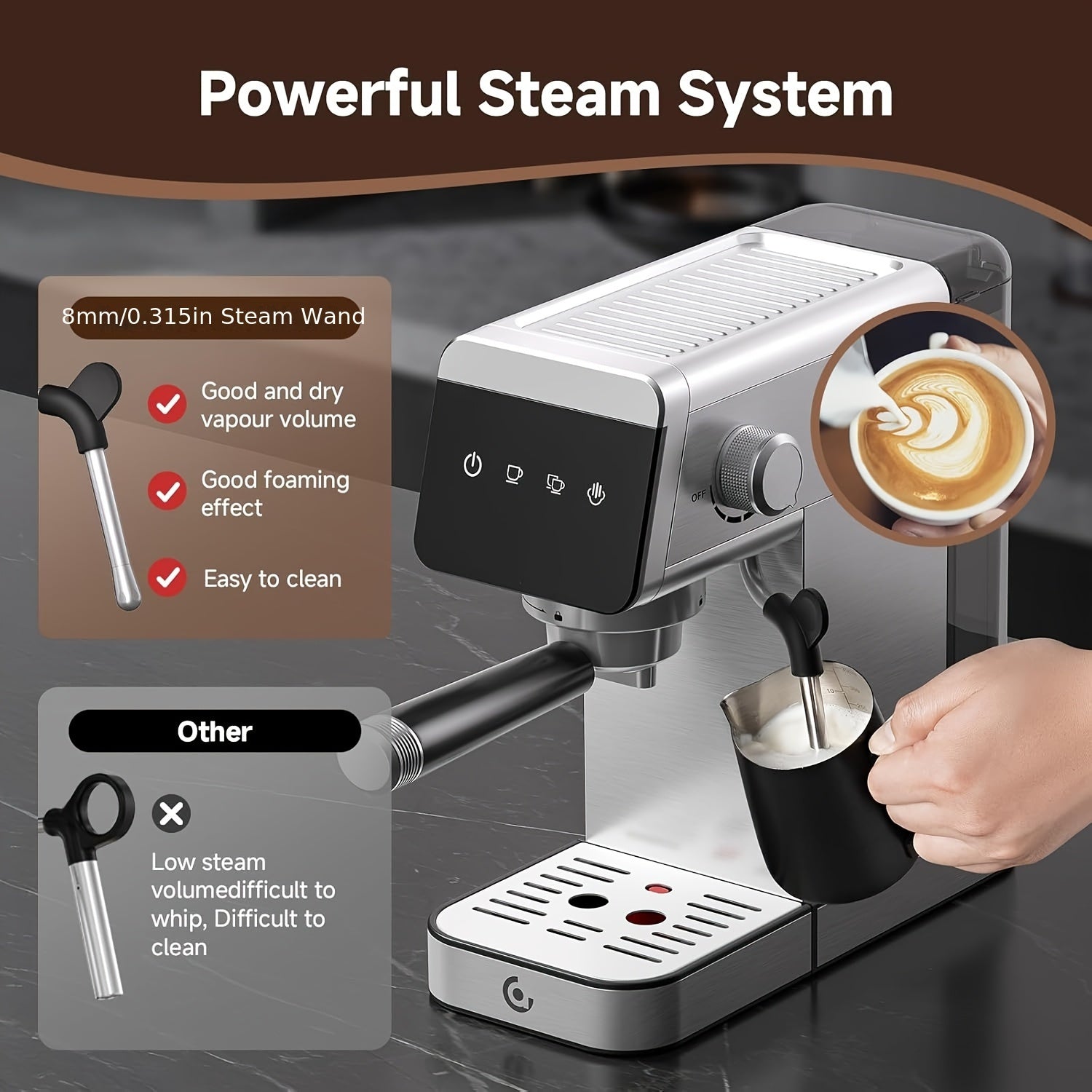 1350W Stainless Steel Coffee Maker with LED Touchscreen, Instant Steam Wand & Removable Water Tank - Compact Espresso Machine for Latte/Cappuccino, Home Barista Starter Kit, 120V Plug Powered, Modern Metal Finish, Home Coffee Machine | Modern Coffee Maker
