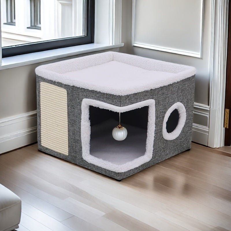Luxury Multi-Level Cat House - 2-Layer Bed, Toy Tunnel, Foldable Sofa, Climbing Rope, & Soft Cushions - Indoor/Outdoor Cat Play Cube With Velvet Suspender Balls, Durable Nylon Frame, And Weatherproof And Canvas Ma- Perfect Home For Year-Round Comfort