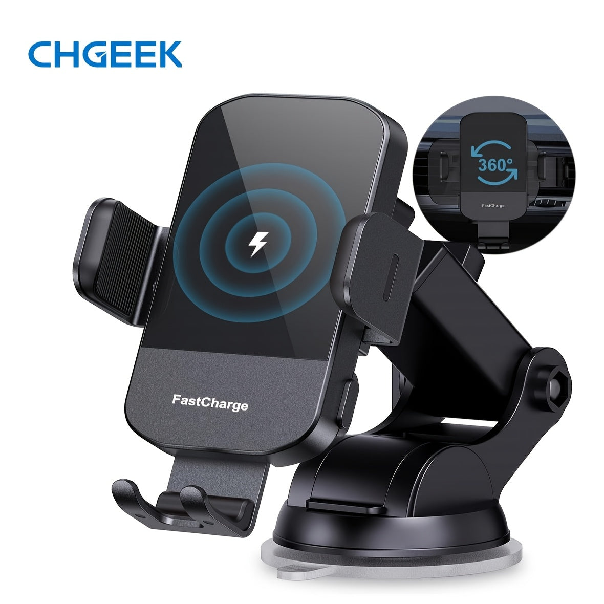 CHGeek Wireless Car Charger, 15W Fast Charging Auto Clamping Car Charger Phone Mount Phone Holder-Black