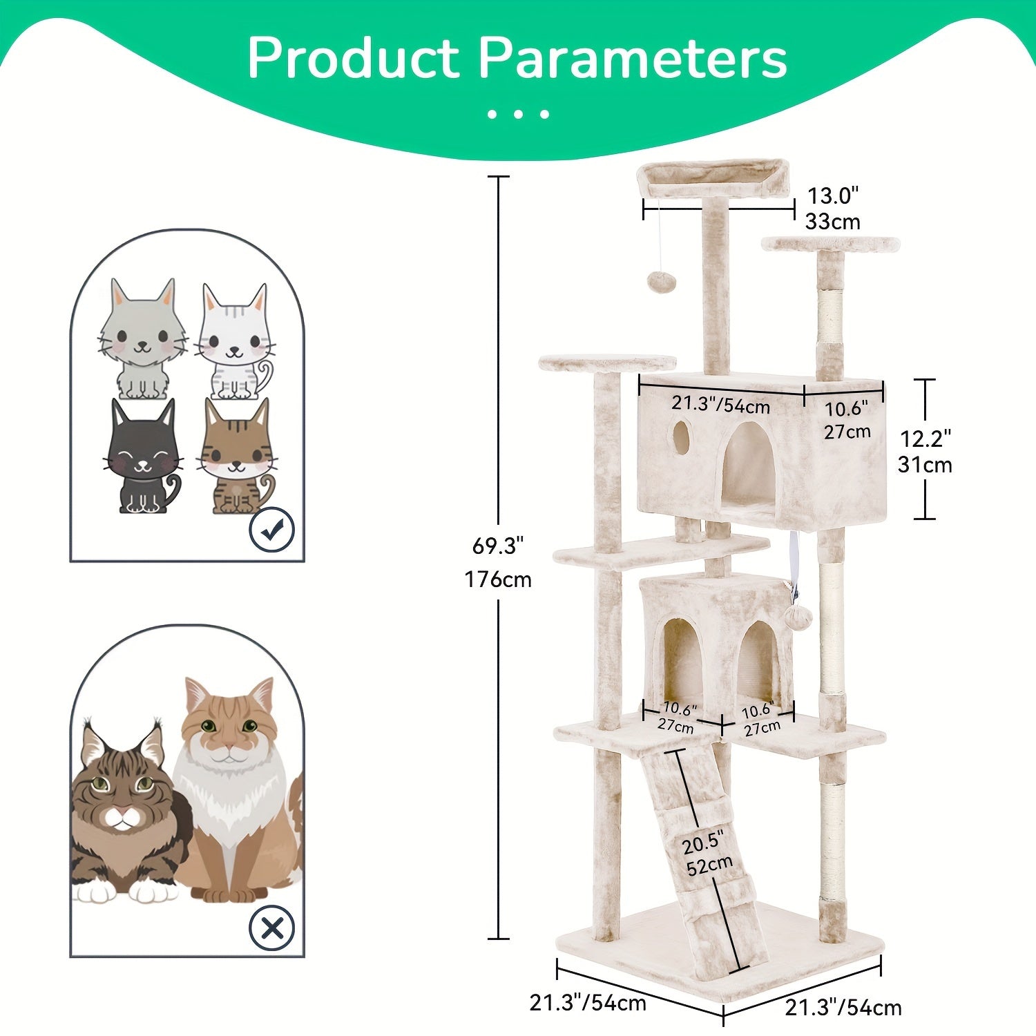 54/70" Multi-Level Cat Tree Tower with Scratching Posts & Cozy Condos, Space-Saving Indoor Cat Playhouse, Durable Plywood Construction, Fun Jumping Platforms, Multiple Colors Available for Cats