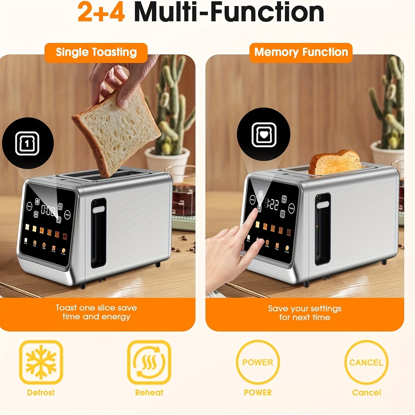 Touch Screen Toaster 2 Slice, Stainless Steel Smart Digital Toasters With Memory Function, 5 Bread Types & 6 Shade Settings, 1.5" Toasters 2 Slice Wide Slot, 900W.