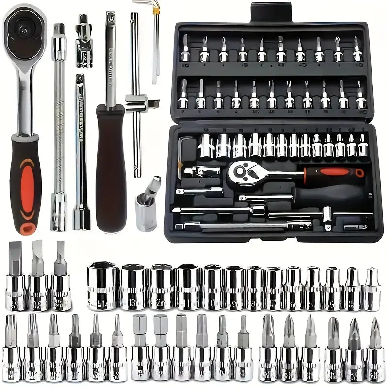 [Fast Arrival] 46pcs/53pcs Professional Automotive Master Tool Kit - Premium Tool Sets For Car, Bike, And Motorcycle Maintenance - Compact, Portable, And All-In-One Solution With Ratchet Wrench, Assorted Screwdriver Set, Without Battery