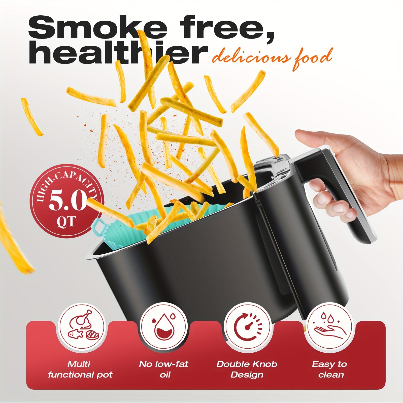 5QT Air Fryer with 2 Silicone Baking Pans | Nonstick, User Friendly | Timer & Temperature Controls | Double Knob Design | Air Fryer | with Recipes Available | 1400W