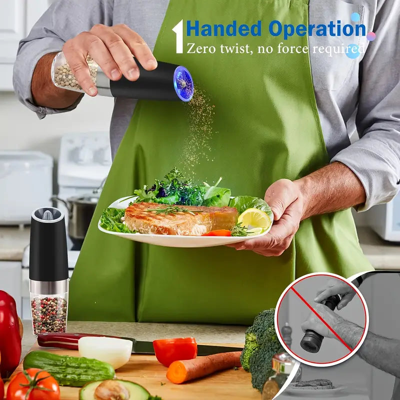1/2 PCS Gravity Electric Salt and Pepper Grinder Set, Battery Powered LED Light One Hand Automatic Operation, Adjustable Coarseness Mill Grinders Shakers Black, Kitchen Gadgets Gift Ideas