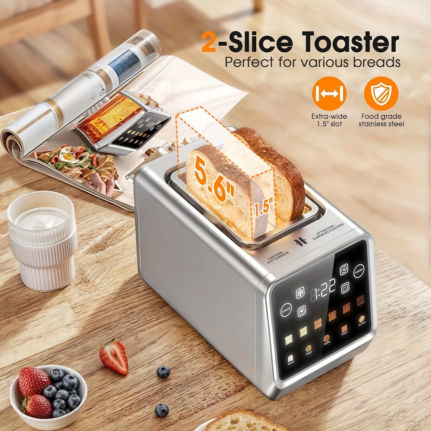 Touch Screen Toaster 2 Slice, Stainless Steel Smart Digital Toasters With Memory Function, 5 Bread Types & 6 Shade Settings, 1.5" Toasters 2 Slice Wide Slot, 900W.