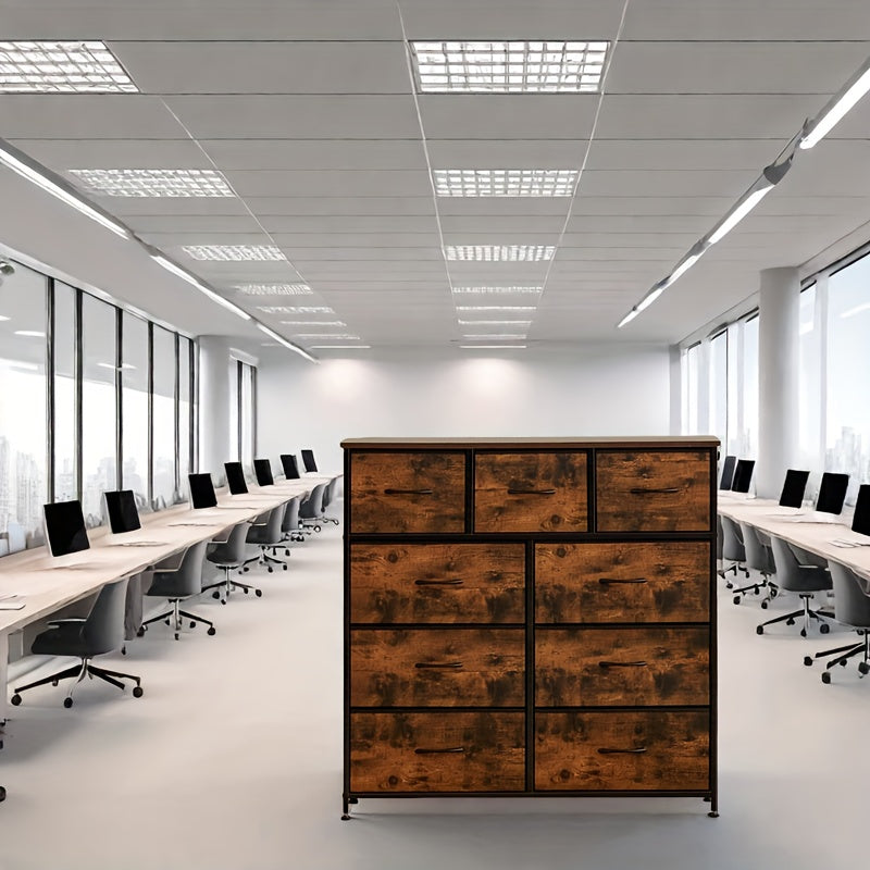 Idle Way 9-Drawer Dresser with Metal Frame & Wooden Tabletop - Freestanding Wardrobe Organizer for Living Room, Office, Entryway, Storage Tower, Dressers for Bedroom, Entryway Cabinet, Classic Design, Sturdy Construction, Fabric Drawer Covers