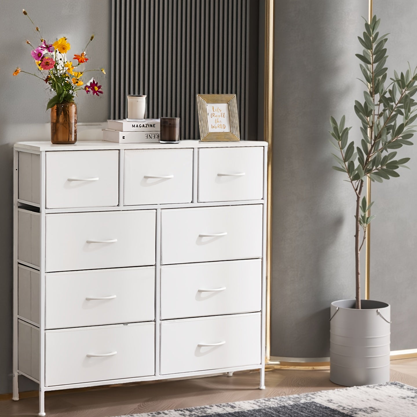 OLIXIS 9-Drawer Storage Dresser Organizer with Wooden Top & Metal Frame - Freestanding Fabric Closet Cabinet, 3.2+ Cubic Feet Storage, 27" Tall Mobile Organizer for Bedroom, Living Room, Entryway, Closet Organizers And Storage, Bedroom Organizer, Modern A