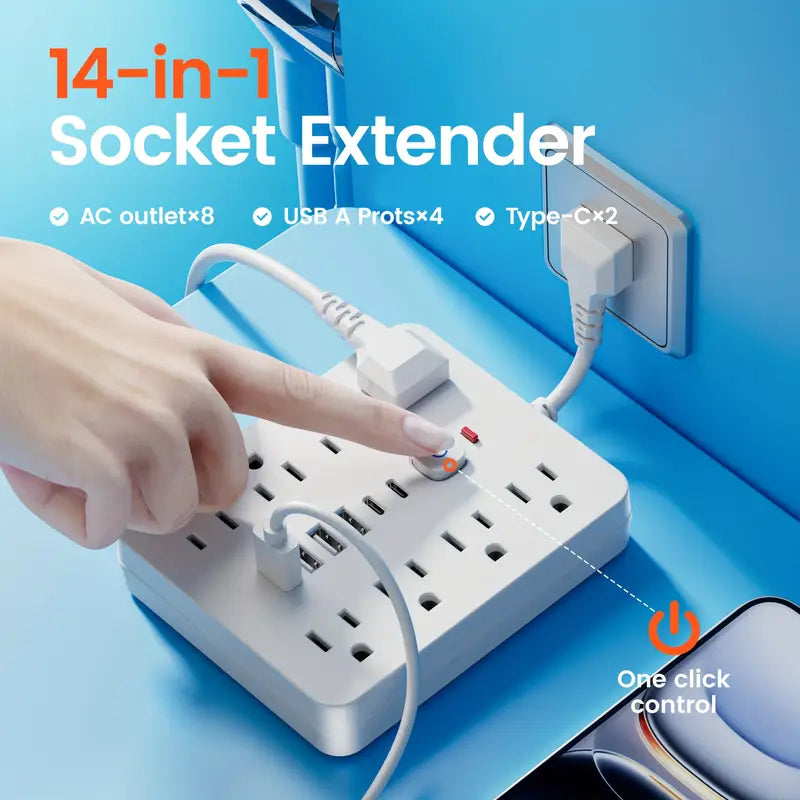 14-in-1 Power Strip with Surge Protector - 8 AC Outlets And 6 USB Ports (2 USB-C)| Flat Plug, Space Saving Design, Unique Short Cord Design, Overload Protection for Home, School, Office. Available In Black And White