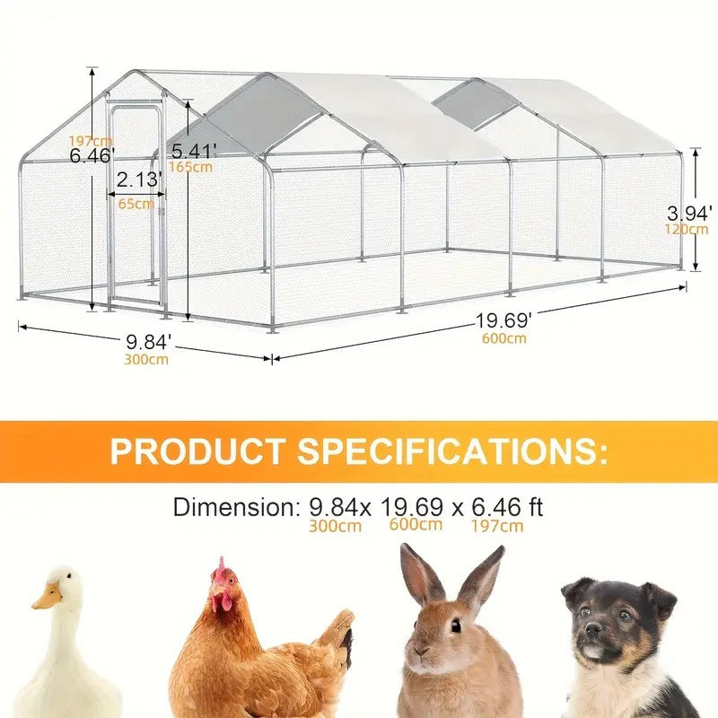 [Large Metal Chicken Coop] High Quality Metal ECOLINEAR Chicken Coop | 9.84'x19.69'x6.46' Large Walk-in Poultry Cage for 15-30 Chickens, Ducks, Rabbits, Dogs - Durable