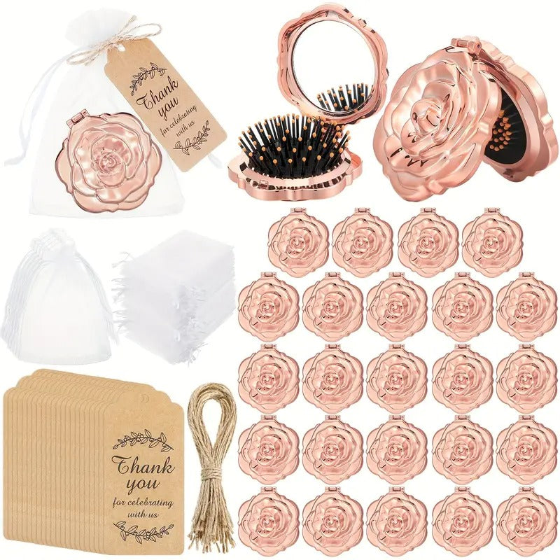24 Sets Rose Compact Mirrors Brush - Bulk Quinceanera Wedding Party Favors for Guests - Rose Travel Mirror with Brushes Thank You Tags Jute Twine and Organza Bags for Bridal Shower