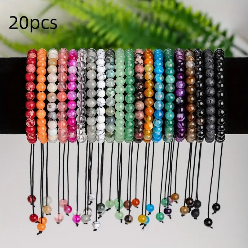 US Wholesale Lots 20pcs 6mm Natural Gemstones Agate Turquoise Braided Macrame Beads Men Woman Bracelet Adjust Handmade Party Gift