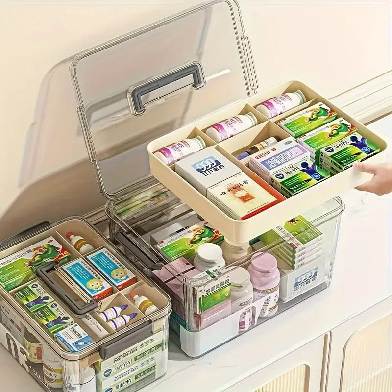 Large Capacity Pill Organizer with Easy-Grip Handle - Durable Multi-Layer Plastic Medicine Storage Box, Ideal for Home, Travel, and Office Use - Space-Saving Solution for Safe and Efficient Medicine Organization, Pill Box