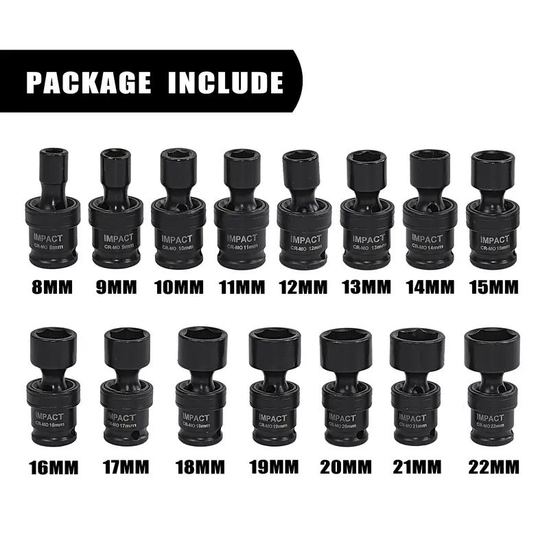 15pcs SEKETMAN Impact Universal Swivel Socket Set, 3/8" Inch Drive Set, Metric Size 8-22mm, Premium Cr-mo Steel Made With Black Phosphate Finish, Swivel Head Can Reach Narrow Place, Professional Socket Set For Car Repairing And