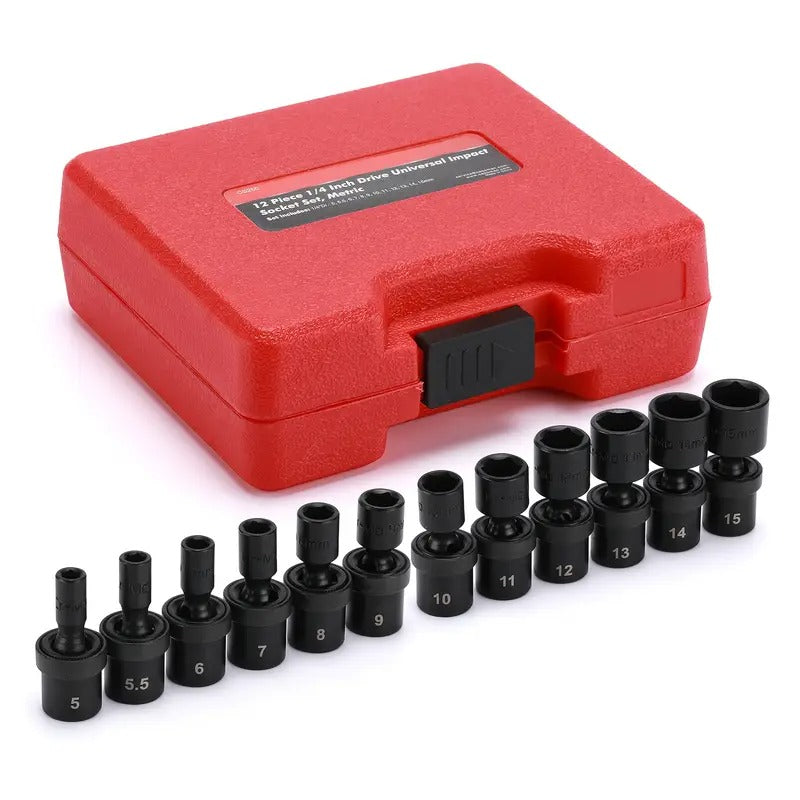 12pcs 1/4" Drive Metric Shallow Universal Impact Socket Set, 12pcs 1/4-Inch Drive Shallow Universal Impact Socket Set, Shallow, CR-MO, 6-Point, Swivel Socket with Flexible Wobble, Metric,