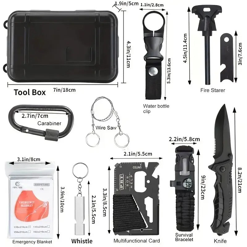 industrial shear Shall 12pcs Emergency Survival Kit, Outdoor Survival Gear Tool with Survival Bracelet, Fire Starter, Whistle, Wood Cutter, Water Bottle Clip, Pen