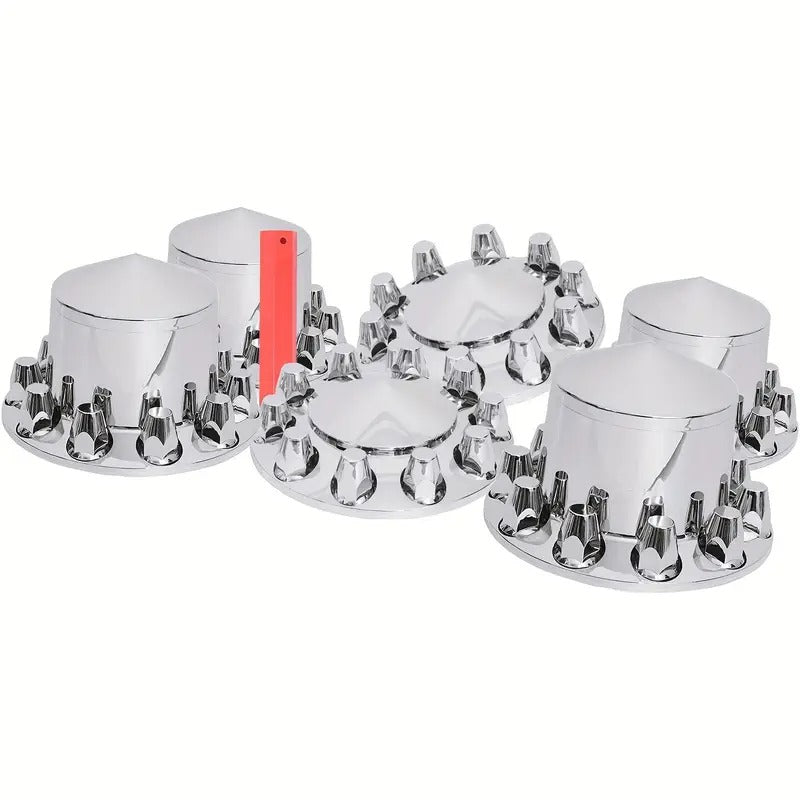 33mm Axle Cover Chrome Combo Kit, Dome Screw-on Lug Nut Covers with 2 Front And 4 Rear Axle Wheel Covers Removable Pointed Hub Caps for Semi Trucks