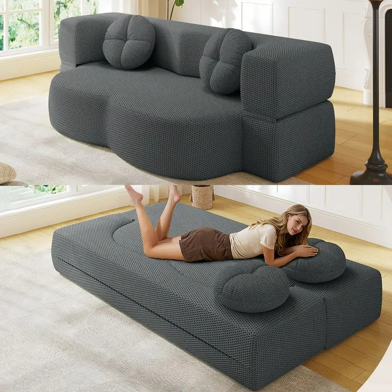 2-in-1 Convertible Folding Floor Sofa Bed with 2 Pillows - 81" Modern Knitted Lounge Couch, Space-Saving Sleeper Sofa Bed for Living Room, Apartment, Office, Guest Room - No Assembly Required, Durable Fabric